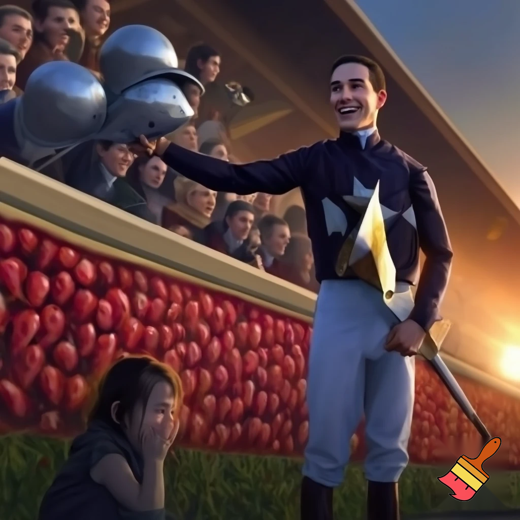 crer un image :Fillino et un frele jeune homme friser. Il est adult est petit. Sur sa main brillent trois chevaliere de c'est victoire passer. Il est favoris pour gagner la course du lendemain. Celebre jockey du phoenix. très acclamer. Il se gonfle de fierter devant la reaction des fan. Il a jamasi quitter la ligne de depart. fillino pleure.