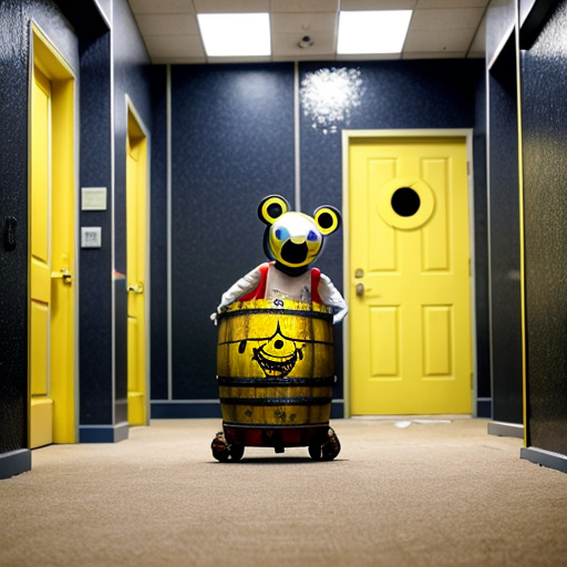 A creature with a yellow smiley ball for a head and a rusty, distressed red metal barrel body stands at the center of a corridor in the Backrooms. It has thin, wire-like arms with white gloved hands, springy legs, and worn-out shoes. The Backrooms environment features endless hallways, yellow patterned wallpaper, fluorescent ceiling lights, and a dirty, worn carpet. A cardboard box and a chair can be seen in the distance, while dust motes float in the air. The perspective is a full-body shot.