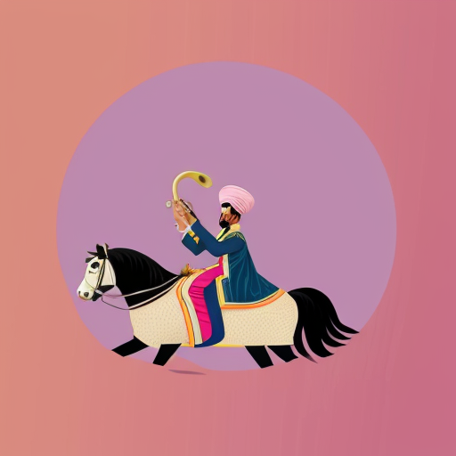 2D flat illustration of 'Aloo ki Barat' - a potato wedding procession. A cute cartoon potato groom wearing a pink sherwani and turban riding a horse. Behind him, a 2D band of potatoes playing trumpets and drums. Bright solid colors, clean bold lines, simple background with Indian houses. Digital art style, high resolution, vibrant palette.