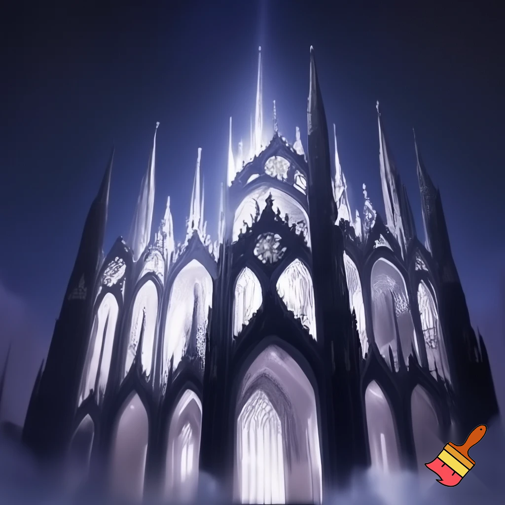 Create a cathedral that is gothic and glowing with white light