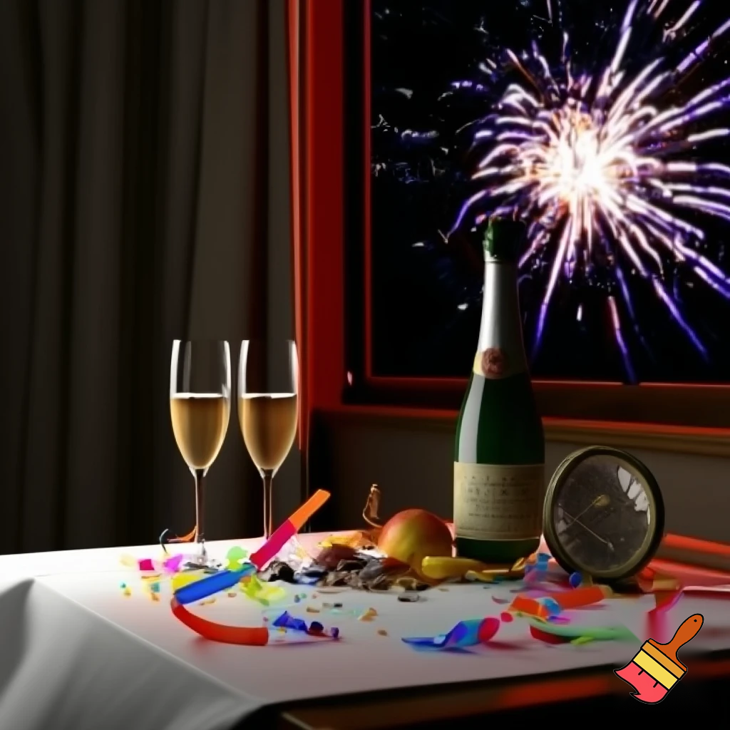 on the table a white tablecloth, two glasses of champagne, a bottle, hanging colorful paper streamers, confetti, snacks and fruit, next to it there is an old clock with numbers on the clock face, midnight hour, in the background there is a window with curtain and fireworks outside the window