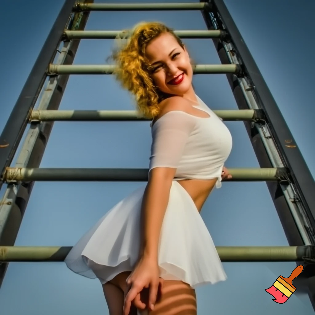 Blonde beautiful pin-up climbing ladder ultra shortened sheer translucent white hem short miniskirt sheer translucent white cropped top smiling at low angle camera below over shoulder