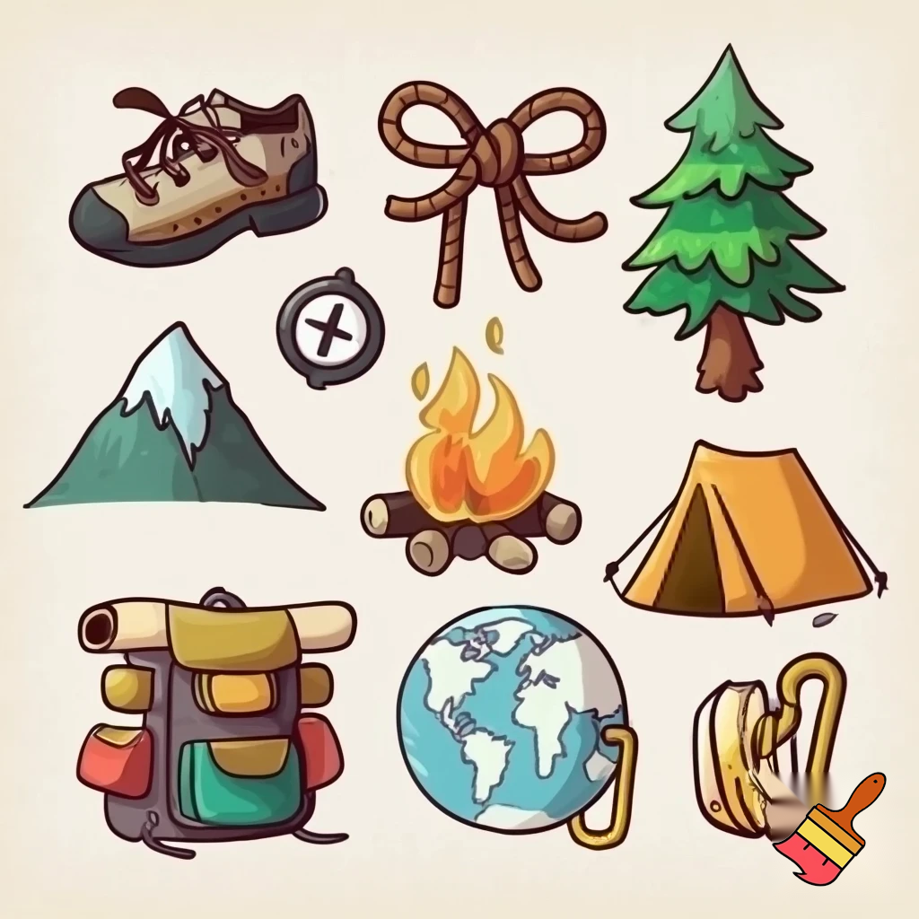 icons of nature exploration in cartoon style : climbing shoe, figure 8 knot, fir tree, mountain, campfire, tent, carabiner, compass, backpack, world map, hiking shoe, binoculars