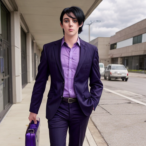 a anime tall guy with black hair purple eyes business pants
 