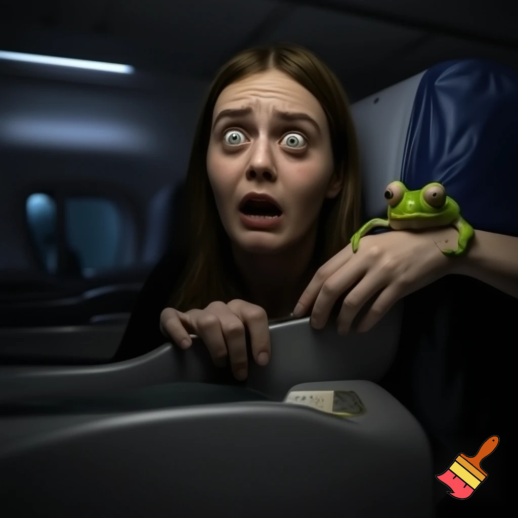 a woman at the plane was scared of a frog


