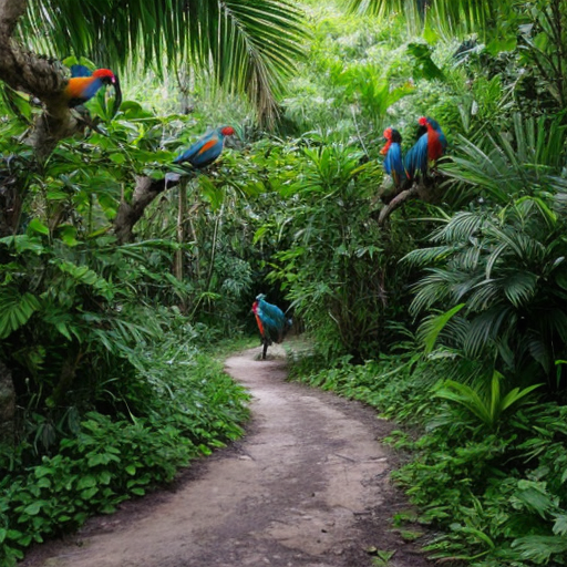 “Macaws, monkeys, lush plants surrounding 
on a forest path.”