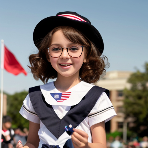Cute adorable niña Chilindrina glasses con hair lazo curly con verano sailor uniforme escolar con zapatos negros escolar con calcetines blancos con sombrero sailor con grupal con caminar con desfile Estados Unidos América bandera con ciudad 63