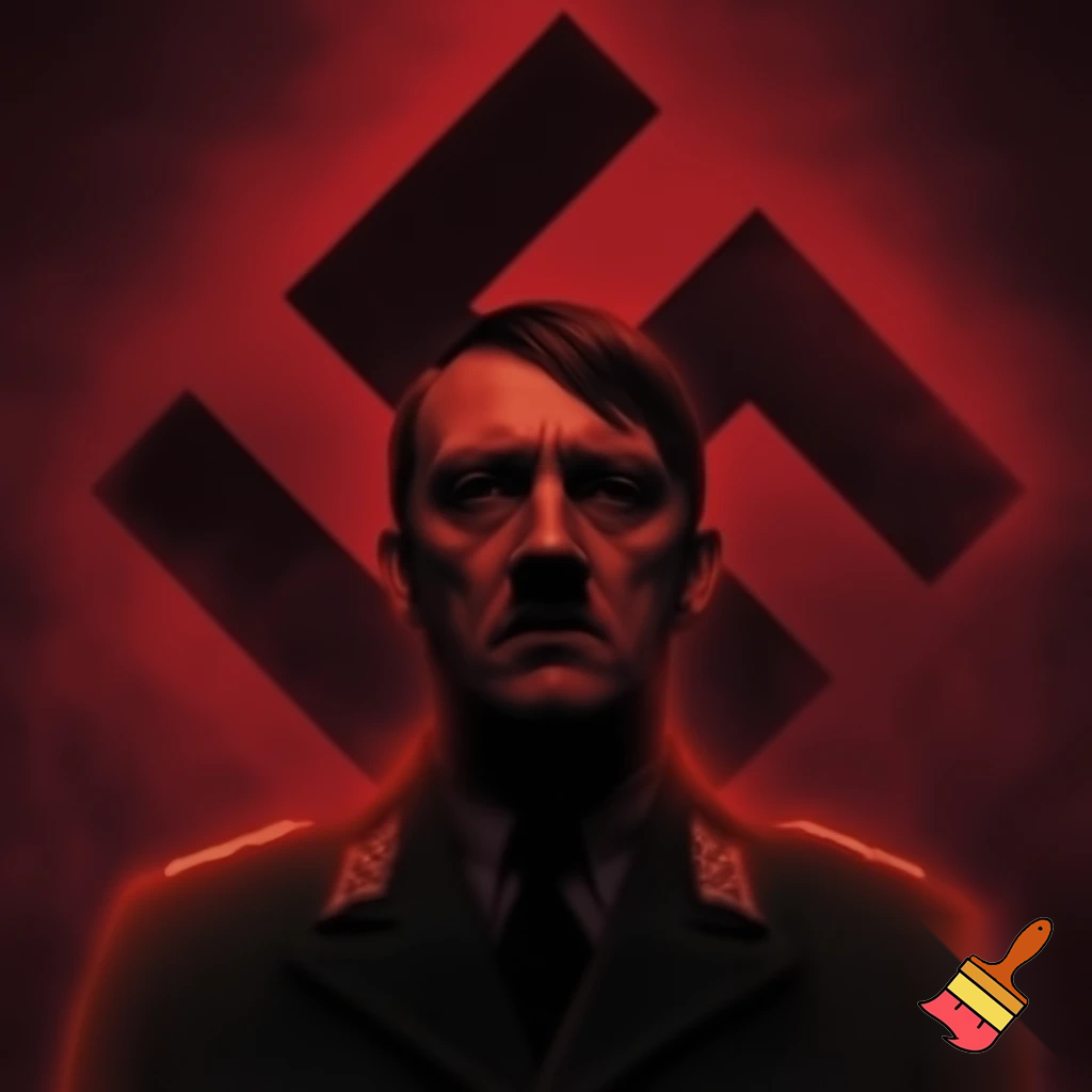 Adolf Hitler in front of a swastika