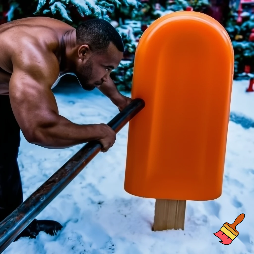 ein mann biegt bei einer großennorangen eissenbieadchiene eisen.. rundum liegt sehr viel schnee, es ist weihnachtszeit