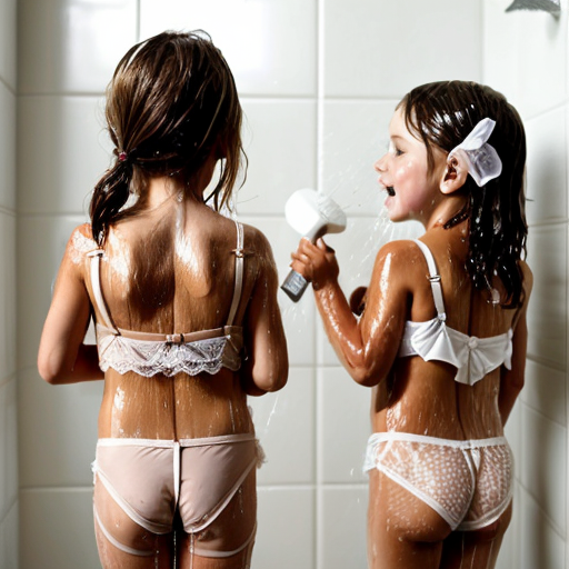 Genera la imagen real en alta definicion de 3 niñas rubias de 6 años, jugando en la ducha, vestidas con lenceria de encaje