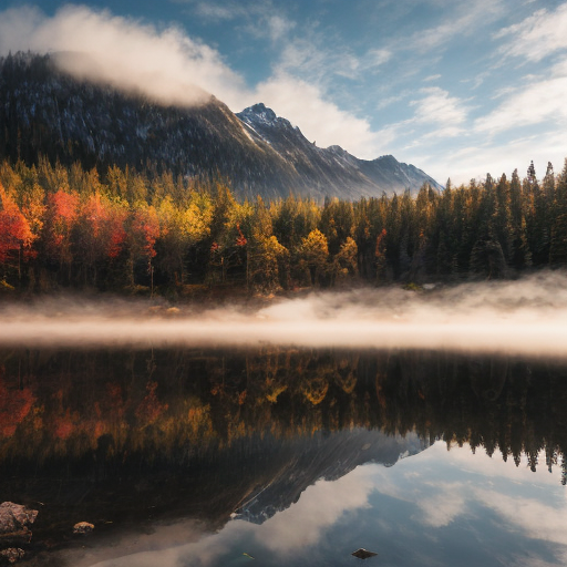 A breathtaking 4K ultra-high-definition landscape wallpaper, photorealistic, shot with a 50mm lens at golden hour. A serene mountain lake reflecting snow-capped peaks and vibrant autumn forests, mist rising gently from the water, soft sunlight breaking through clouds, rich textures in rocks and foliage, cinematic lighting, extremely detailed, sharp focus, no watermark, 16:9 aspect ratio.