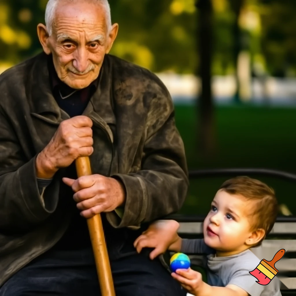 An old man is holding a stick, and a child wants to give him a ball.