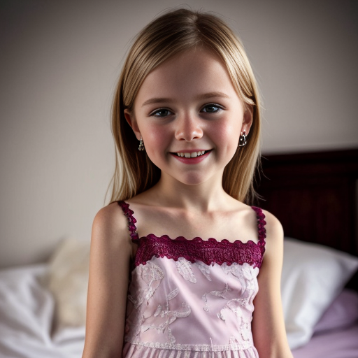swedish blonde little girl  at night dress, very beautiful, on the bedroom, close up