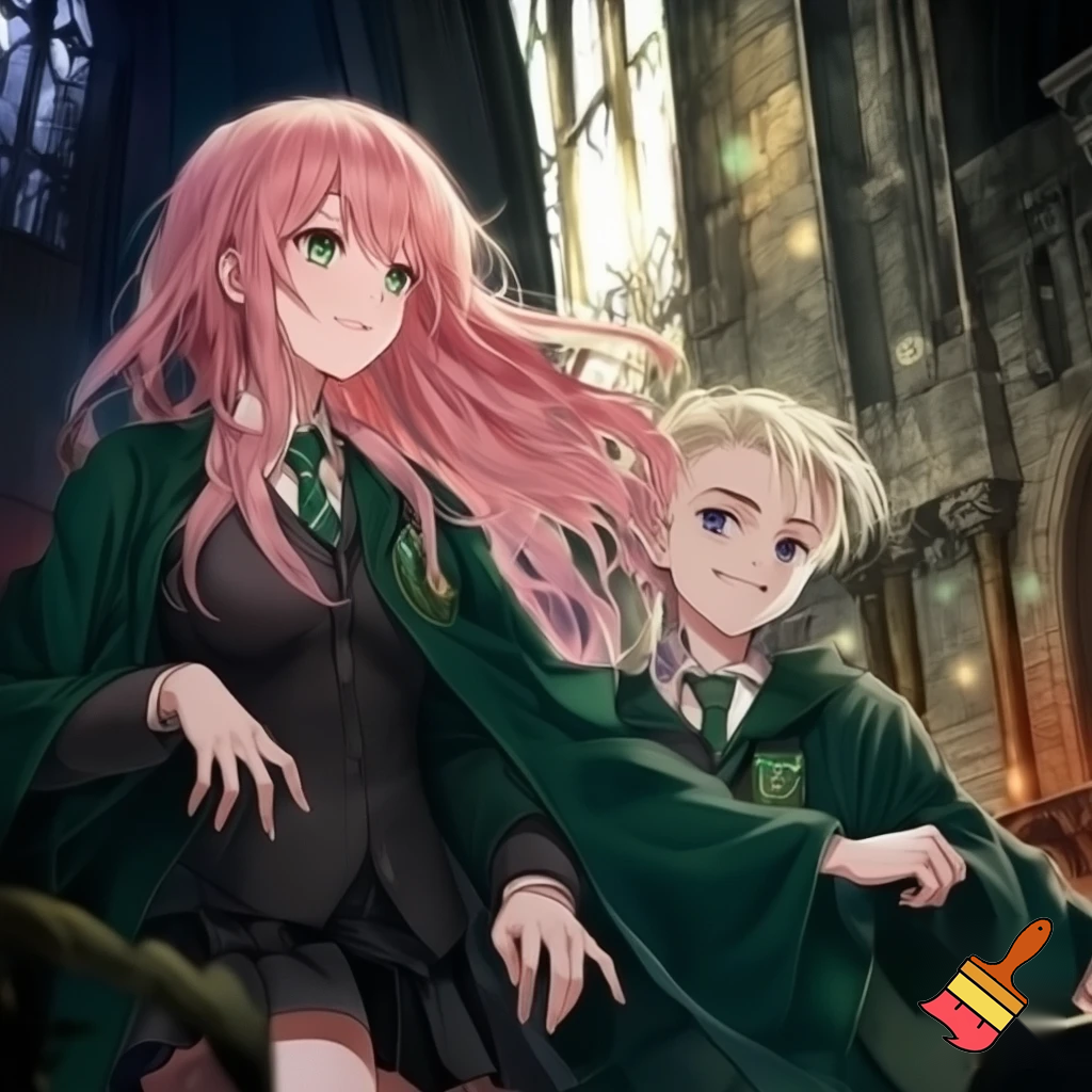 a anime girl, long pink hair, with a slytherin outfit. With Draco malfoy. Two people, hogwarts background. High quality and detail anime style 
