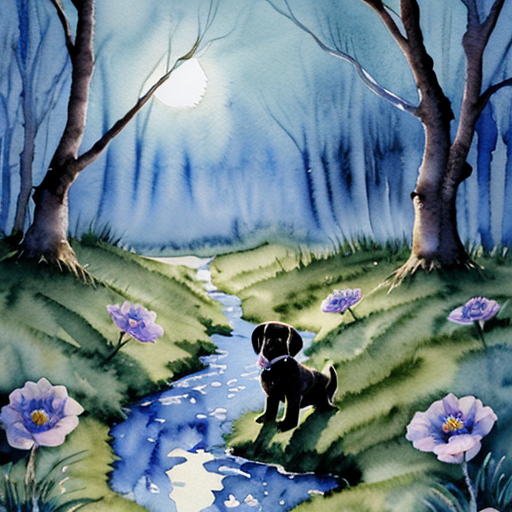 Kouzelná večerní scéna, lesní mýtina v noci, z potoka vychází jasná modrá záře  ze svítícího safíru. V potoce je svítící modrý safír.  Malé hnědé štěně stojí na okraji louky,  sleduje světlo. Magická atmosféra. Pohádkový akvarel.