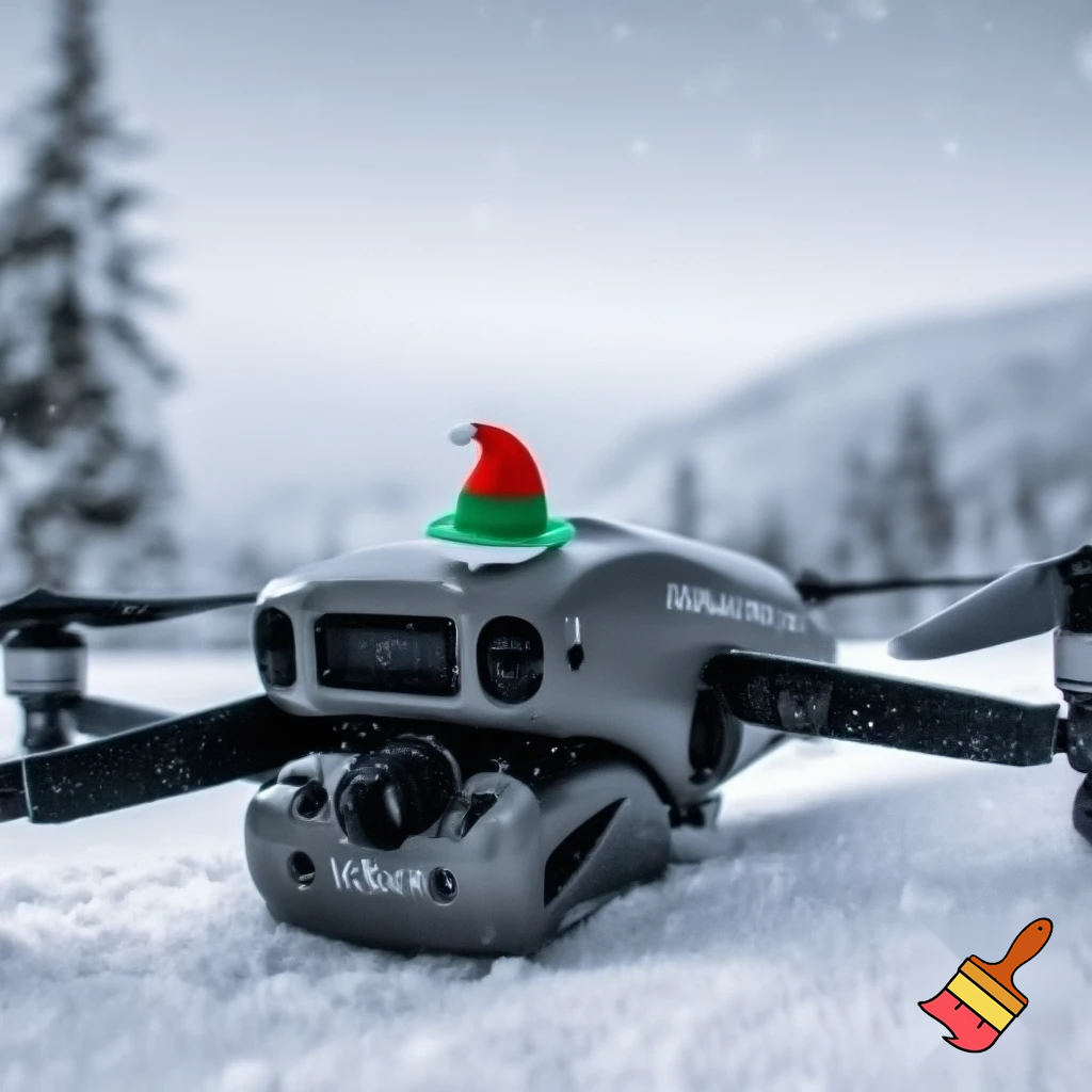 einmal maxpro3500 mit einer wheinachtsmütze draussen im schnee und winterlichen hintergrund
