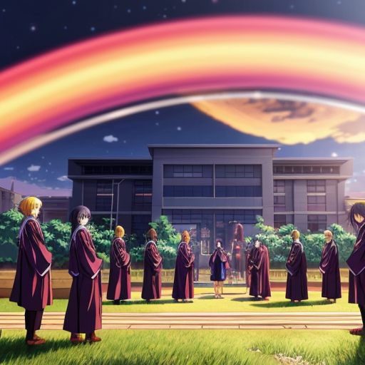 “large university campus full of students in ancient robes, discussion, learning, vibrant environment”