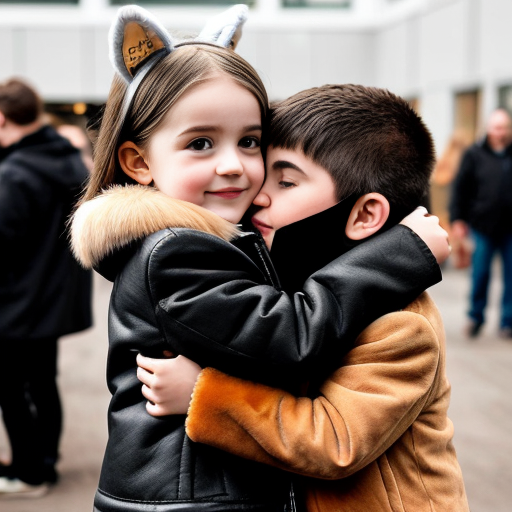 A cute little girl with a faux fur jacket that looks like fox fur, and she has fox ears. She is hugging a little boy and kissing him