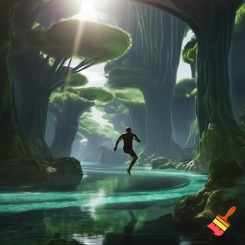 First glimpse of alien paradise — huge engineered trees humming, shimmering transparent rivers, empty paradise with no fauna, human-like figure rising above ground mid-leap (unexpected anti-gravity), dynamic motion blur, sunlight flares, cinematic wide shot, vivid greens and turquoise, high detail.

Settings / Steps:

Aspect ratio 16:9.

motion : levitating naked male muscular humanoid figuire

Lighting: intense backlight with rim highlights on foliage.

Keep environment lush but eerily empty.


Negative prompt: crowded scene, animals, text, low detail, childish style

Variations: quiet close-up on hand touching tree that hums, leaf-scale macro.

