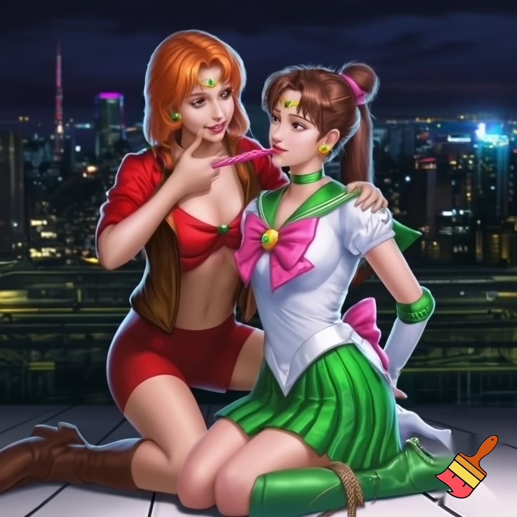 masterpiece, best quality, 2girls, female on female, 1girl, woman, Carol (didnapper), red hair, short hair, brown eyes, medium breasts, red shirt, exposed collarbone, exposed navel, exposed shoulders, brown open vest, brown boots, red shorts, kneeling behind another, smile, putting on gag, over the mouth gag, tying knot, BREAK, 1girl, sailor jupiter, medium hair, brown hair, high ponytail, hair ornament, sidelocks, green eyes, flower earrings, circlet, sailor senshi uniform, magical girl, green choker, green sailor collar, pink bow, white gloves, elbow gloves, green skirt, pleated skirt, pink back bow, green footwear, high heel boots, tied up with rope, bound arms,bound legs, arms tied behind back, hands tied behind back, kneeling, angry,red lips, BREAK, city, night, 
