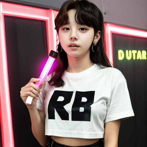 an girl hoding a bts bangtan bomb 
lightstick and has Neni written on her shirt
