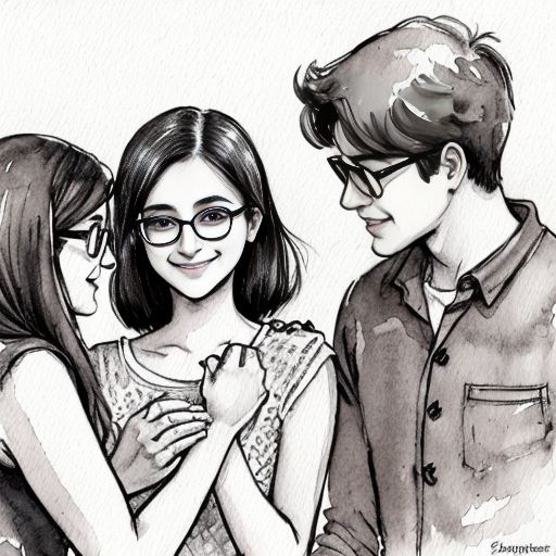 black and white manga style illustration, Indian Christian girl meeting 4–5 guy friends of her best friend for the first time, emotional and cute atmosphere, modern city setting, heroine looking at a tall boy with short straight hair and rectangle glasses, shy smile, expressive eyes, detailed ink line art, Japanese manga style, cinematic composition, manga panel layout, no color