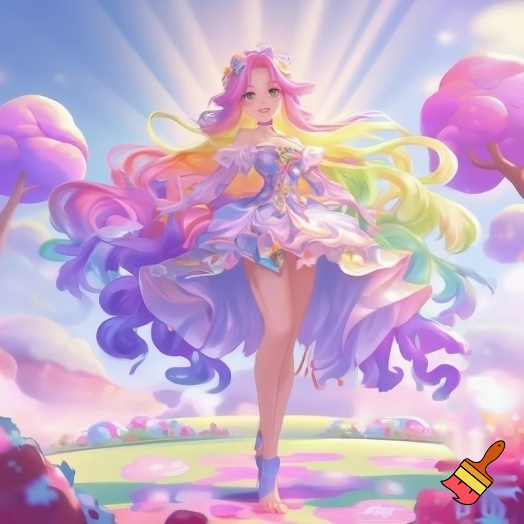 An anime magical girl with rainbow pastel hair and dress on a pastel fantasy field