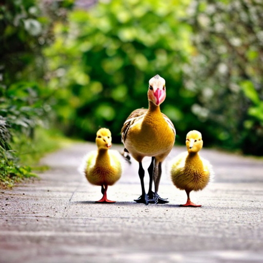 Green duckling, pink duckling are following and walking with mother duck.