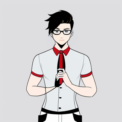 make a rough sketch of a feminine man (in a manga art style), who has a tall and slender body type, white, long wavy hair, a corset over a short sleeve button up; make it formal yet pretty, he has one red eye which has a scar, and he's holding a chainsaw. he also has thin oval-shaped glasses low on his nose, and a red ribbon tied around his neck. He's also wearing fingerless gloves.