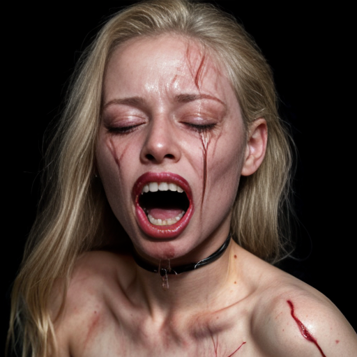 a hauntingly beautiful yet grotesque photorealistic portrait of a blonde woman, her porcelain skin streaked with glistening rivulets of fresh blood that drip from her chin and matted hair. A deep, freshly carved pentagram glistens wetly on her forehead, its edges ragged as if etched by frantic fingers. Her eyes are peacefully closed, lashes clumped with dark stains, while her primary mouth curls into a serene, almost beatific smile—a stark contrast to the horrors flanking it. Both cheeks are torn open like grotesque blossoms, revealing gaping secondary mouths lined with jagged, uneven teeth, their lips pulled back in silent screams that seem to vibrate with unseen agony. Her neck and upper chest are a raw, pulsing landscape of exposed muscle and sinew, glistening under the cinematic chiaroscuro lighting that casts dramatic shadows across her ruined flesh. The background is an inky void, swirling with faint, ghostly tendrils of mist, amplifying the macabre elegance of her suffering. Every detail—from the dewdrop sheen on her wounds to the way light catches the uneven edges of her torn skin—is rendered with hyper-realistic precision, making the horror feel unnervingly tangible.