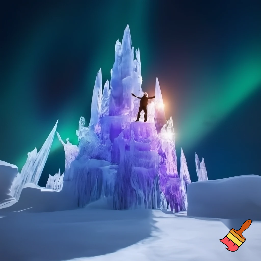 a giant purple castle made of ice rising from the snowy ground, above it, a silloughete of a boy with his hands, and his eyes glowing