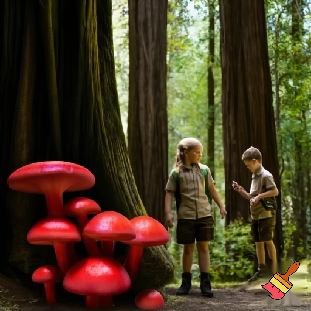 scouts in redwood forest with big mushrooms