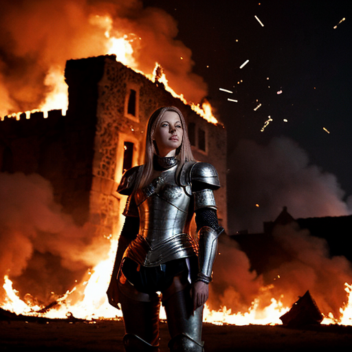 young, tall, white-haired woman in armor stands in front of a burning castle into which meteorites are falling.