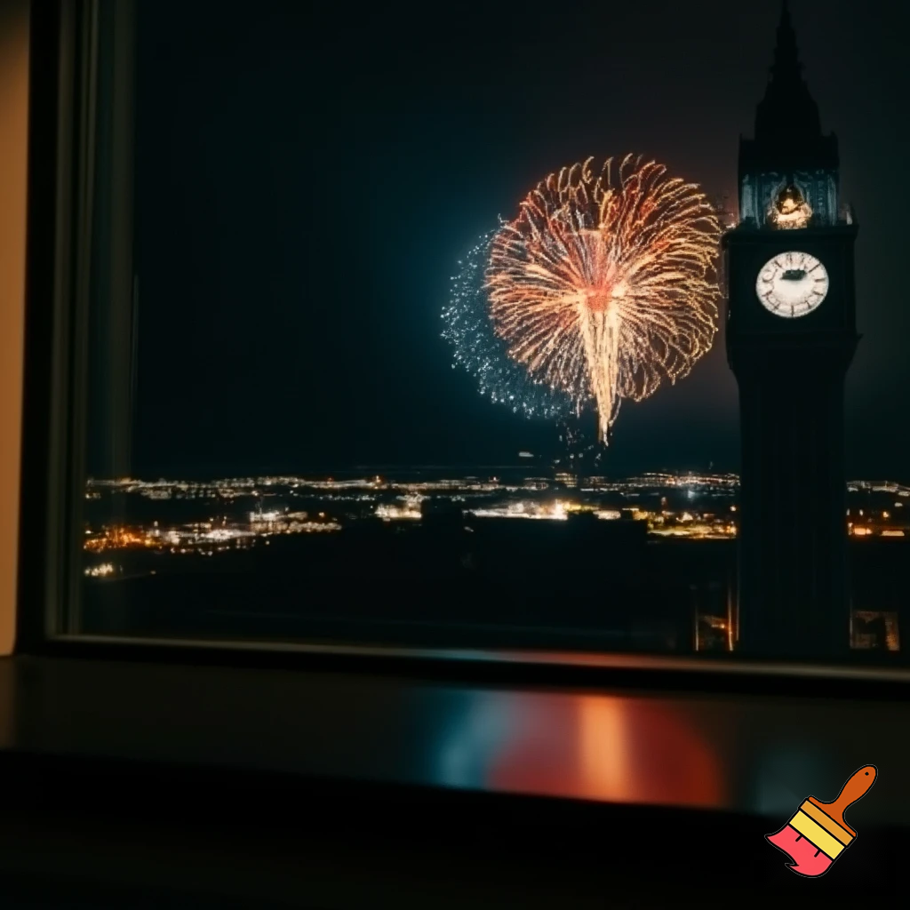 view from a window on a city at night, the clock tower at the right side and fireworks on the sky