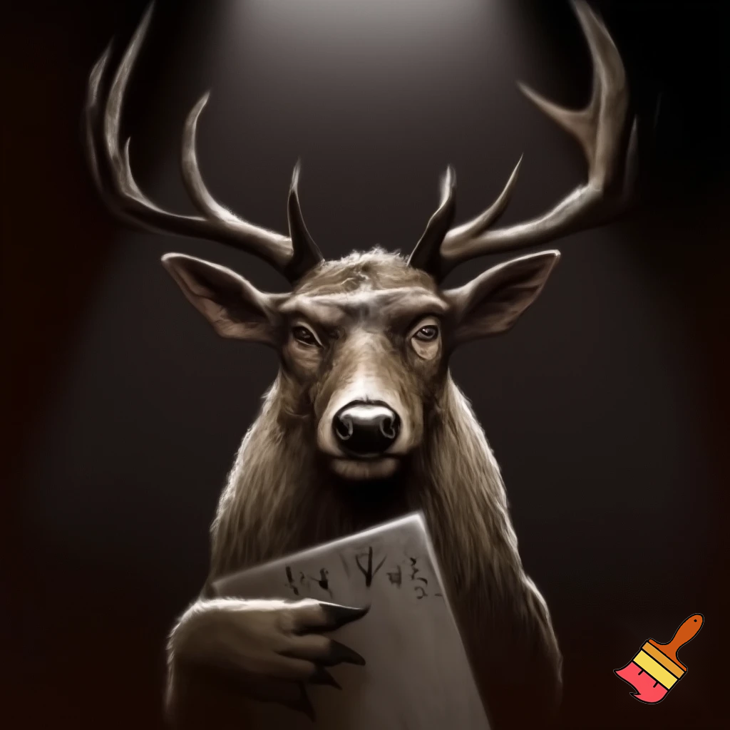 picture of a mugshot deer with scars and a serious face holding a number board