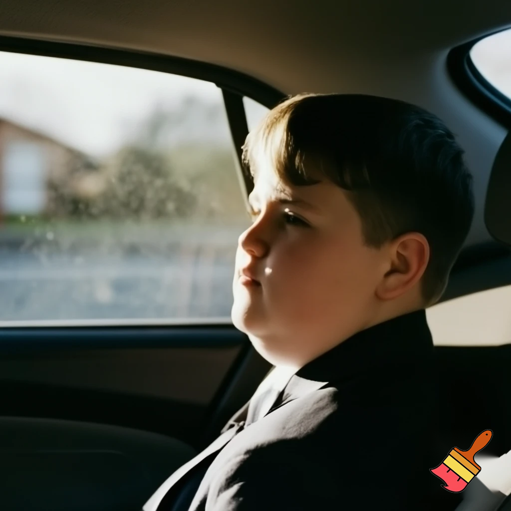 A kid that is 13 years old with brown hair in school uniform in the car and he is chubby