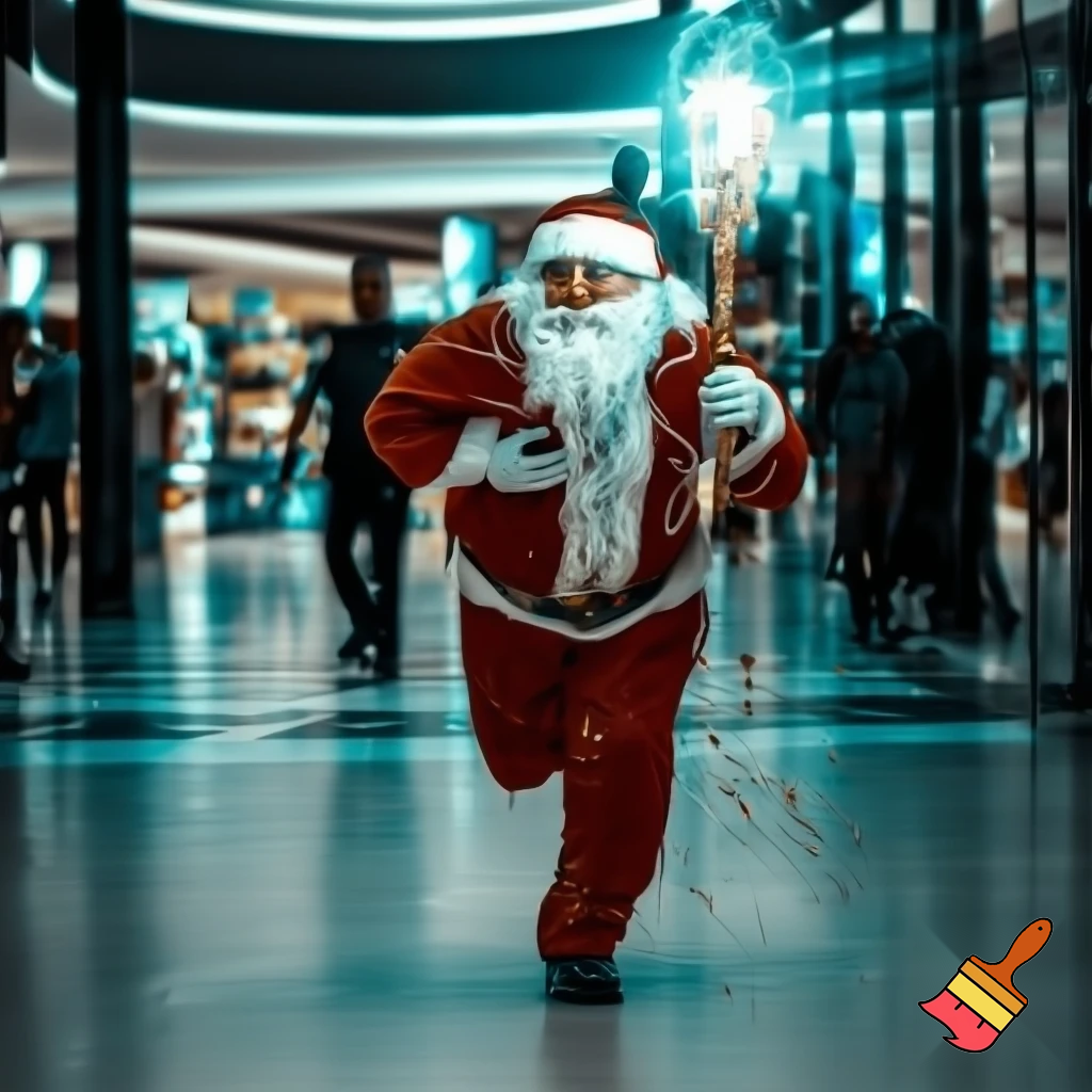 Santa Claus running with the walking stick running with his magic walking stick walking in the shopping centre with the walking stick magic staff walking stick affectation the police are on the way the police elf on the shelf the naughty Santa Claus