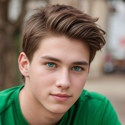 A young man with green eyes and so cute and handsome and brown hair 