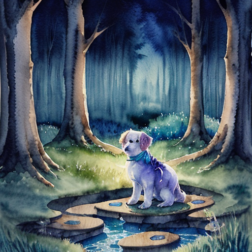 Kouzelná večerní scéna, lesní mýtina v noci, z potoka vychází jasná modrá záře. Malé štěně stojí na okraji louky, fascinovaně sleduje světlo. Magická atmosféra, modré a fialové odstíny, detailní ilustrace. Pohádkový akvarel.
