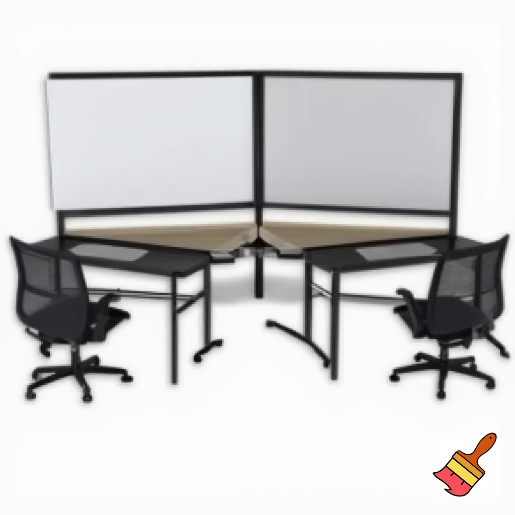 to arbejdsstationer , som består af 2 vægge 1,5 m høje, som står overfor hinanden ( på den ene - er whiteboard, på den anden - en skærm), med et klapbord på  hver væg (under whightboardet og skærmen), 2 stole på begge sider af hvert klapbord. Der er ikke væg imellem stationerne. Der skal være plads og stole til 4 personer