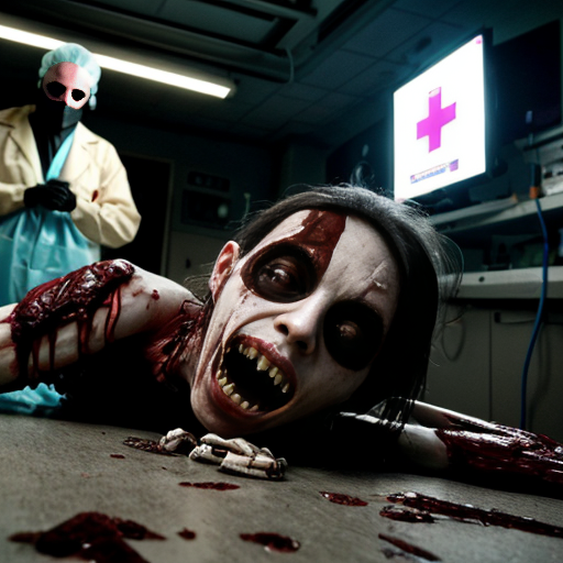or bathed in the flickering greenish glow of shattered emergency lights, where the air itself seems to pulse with malignant energy. A ghostly nurse with hollow, weeping eye sockets floats mid-air, her tattered uniform streaked with phantom blood, while a skeletal demon—its ribcage split open to reveal writhing, vein-covered organs—crawls along the ceiling like a grotesque insect. In the foreground, a freshly reanimated zombie drags its own spilled intestines behind it, jaws unhinged in a silent scream, while the walls weep rivulets of blackened blood that coalesce into grasping handprints. The floor is littered with twisted medical instruments fused to half-dissolved corpses, their flesh melting into the tiles in a nightmare of biological corruption. A spectral surgeon looms in the background, his surgical mask sewn directly into rotting skin, holding a rusted bone saw that drips with something far thicker t