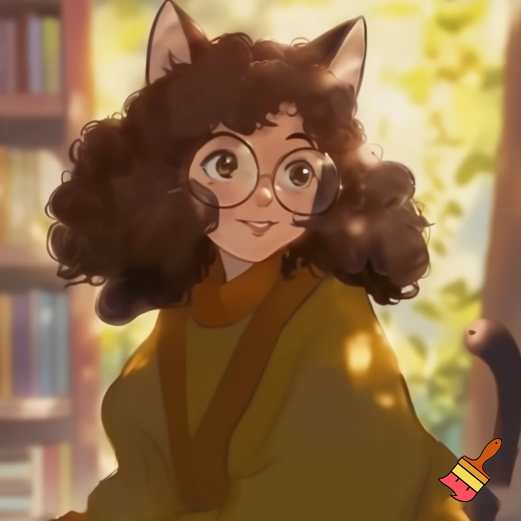 CUTE cat woman with curly hair and glasses in a ghibli style