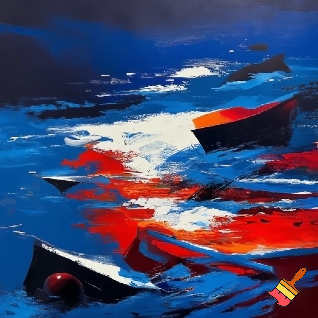 postmodern acrylic painting sea and boats 
