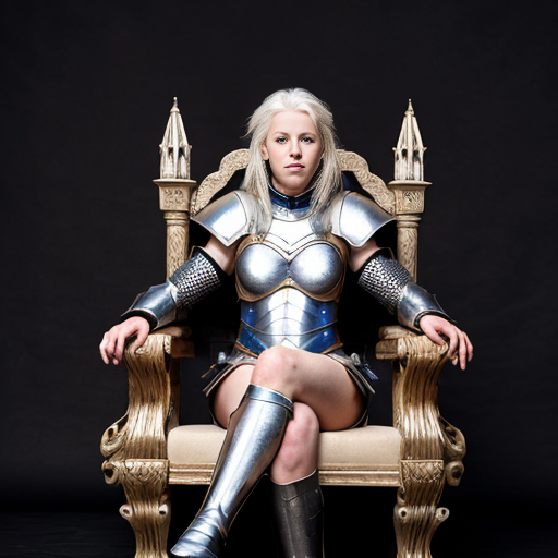 young tall white-haired woman in armor sits on a throne