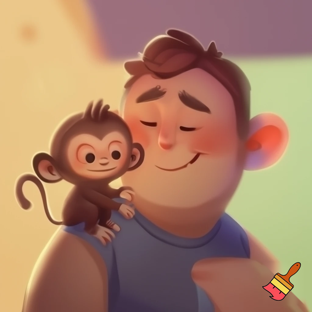 Cartoon man love his monkey 