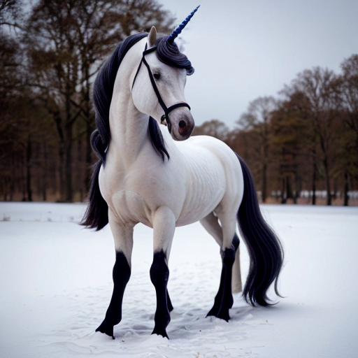 unicorn in a snowy field, photorealistic