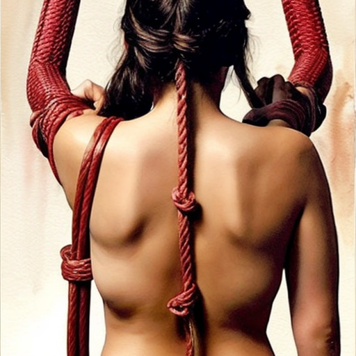 A severe whipping medieval scene involving a skinny girl as victim and a huge man as whipper. The girl standing tied up to a pole by wrists up to her head and bare back. The girl's back is red signed by the lashes received in severe way. The marcks have to by along the ribs crossing the back in orizontal and irregular. Important  the man must not touch the girl with his hands. I dont want ropes over the girl's back. It's a punishment like Gesu flogging. 
