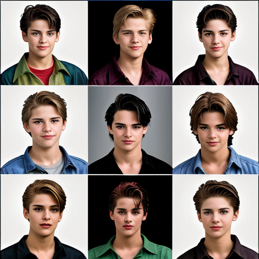  individual head shots of  the different main characters from the book the outsiders.
