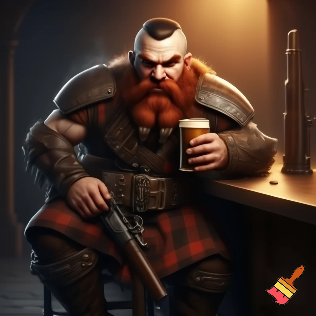 short far dwarf. gunslinger. cigar. sitting at the counter on chair in tavern and sipping a pint. bald. red beard. rough atmosphere. kilt. musket on the table. rugged leather armor. angry. harsh drawn style