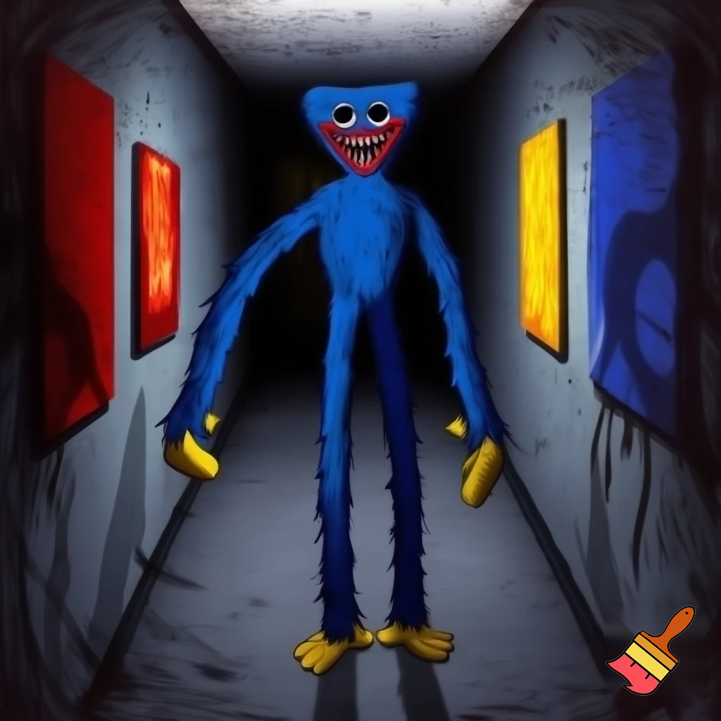 huggy wuggy in a dark gray hallway with some pictures painted in red, yellow, and blue. The feel is creepy and it feels off.